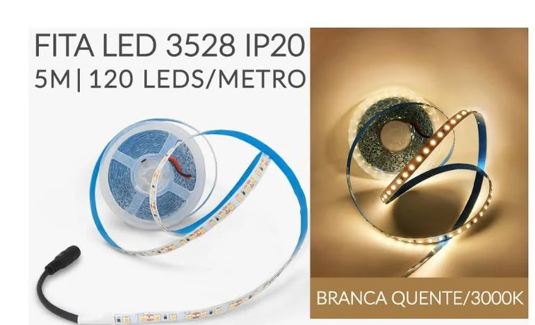 Fita 120 LEDs 2835 12V 3000K/3500K Quente IP20 9.6W/m Rolo 5 Metros 8mm