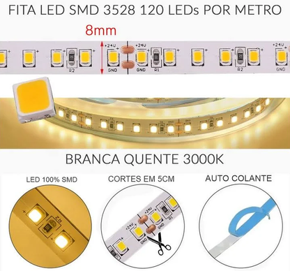 Fita 120 LEDs 2835 12V 3000K/3500K Quente IP20 9.6W/m Rolo 5 Metros 8mm