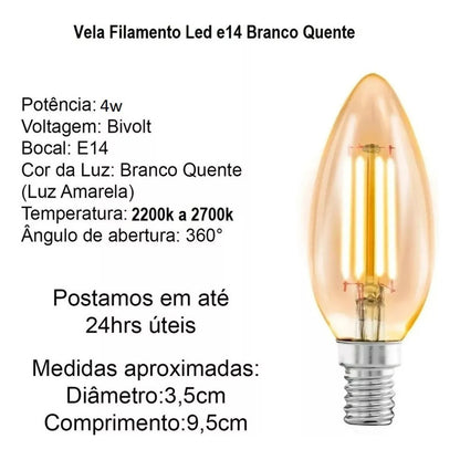 Lâmpada Vela Filamento E14 Led 4w Âmbar Para Lustres e Pendentes