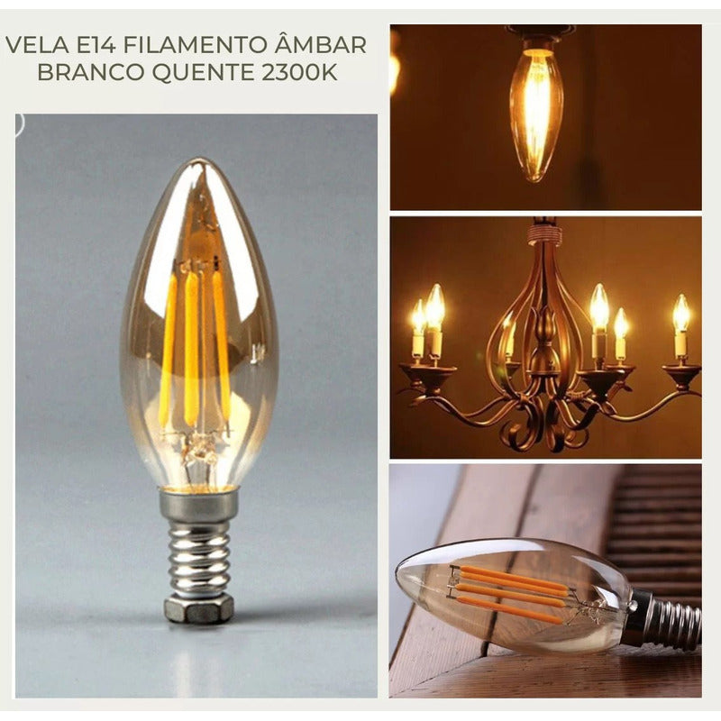 Lâmpada Vela Filamento E14 Led 4w Âmbar Para Lustres e Pendentes