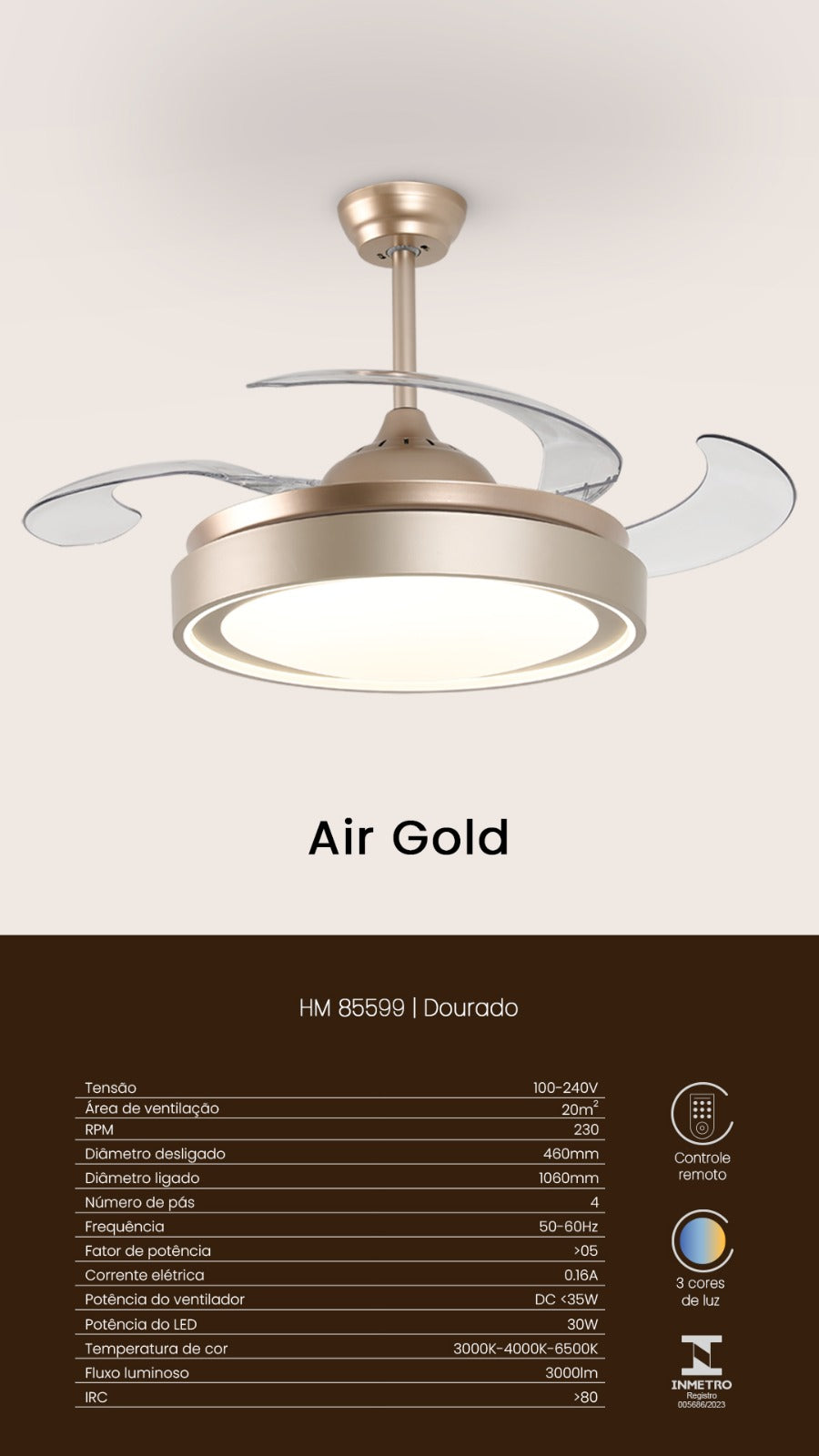 Ventilador Plafon AIR GOLD com Pá Retrátil, Controle Remoto e Led Integrado Multicolor