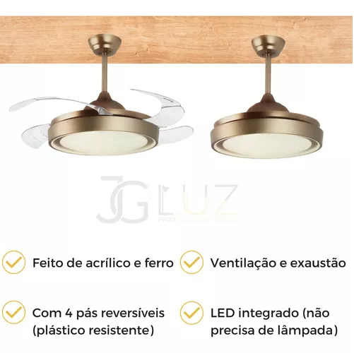 Ventilador Plafon AIR GOLD com Pá Retrátil, Controle Remoto e Led Integrado Multicolor