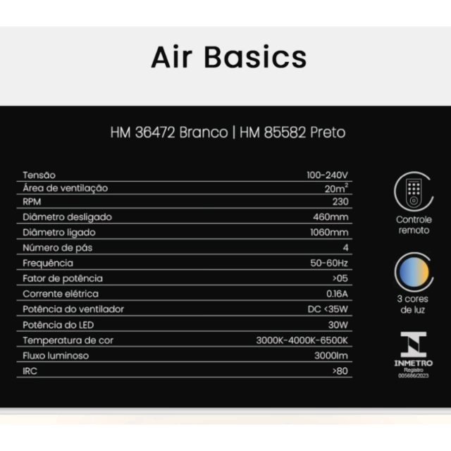 Ventilador Plafon AIR BASIC PRETO com Pá Retrátil, Controle Remoto e Led Integrado Multicolor