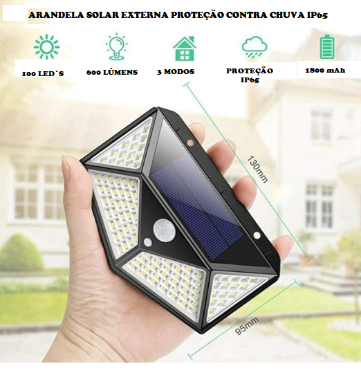 Arandela Solar 100 LEDS c/ Sensor de Presença BF 6000K/6500K IP65