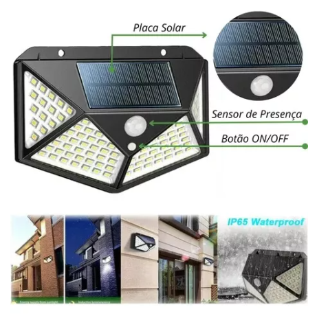 Arandela Solar 100 LEDS c/ Sensor de Presença BF 6000K/6500K IP65