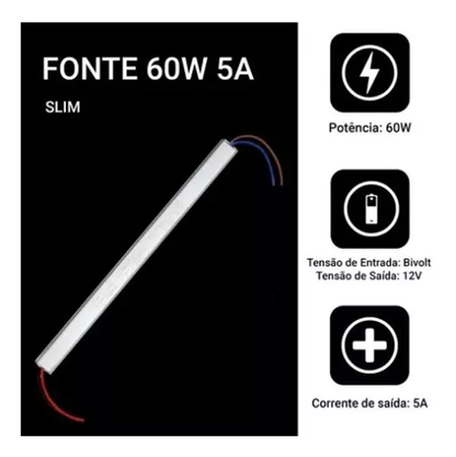 Fonte Ultra Slim 5A 12Volts 60 Watts Perfil e Fita Led