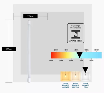 Lâmpada Tubular 18 Watts Led T8 G13 - 1,20 mts - Branca Fria 6000/6500K - Ligação 1 Lado