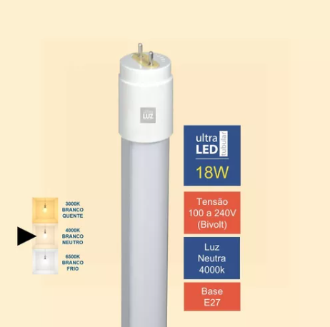 Lâmpada Tubular 18 Watts Led T8 G13 - 1,20 mts - Branca Neutro 4000/4500K - Ligação 1 Lado