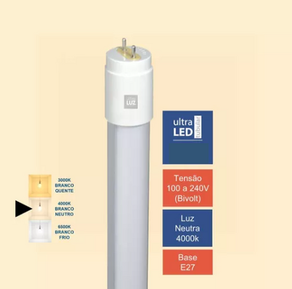 Lâmpada Tubular 9 Watts Led T8 G13 - 60cm  - Branco Neutro 4000K/4500K - Ligação 1 Lado