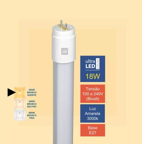 Lâmpada Tubular 18 Watts Led T8 G13 - 1,20 mts - Branca Quente 3000/3500K - Ligação 1 Lado