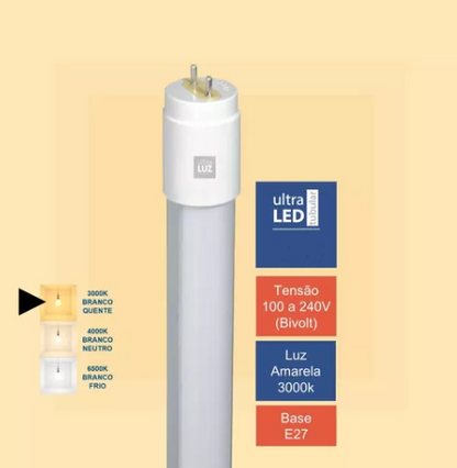 Lâmpada Tubular 9 Watts Led T8 G13 - 60cm  - Branco Quente 3000K/3500K - Ligação 1 Lado